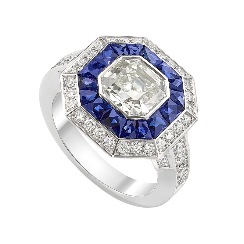 Custom Asscher Cut Diamond with a Full Carre Set Sapphire and Diamond ...
