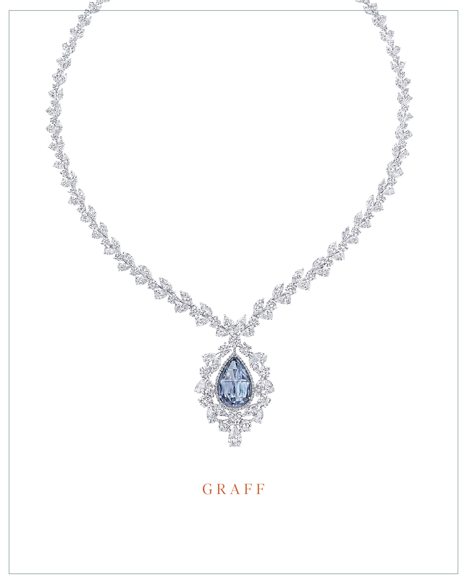 Graff necklace with a 10.47-carat Fancy Vivid blue briolette diamond