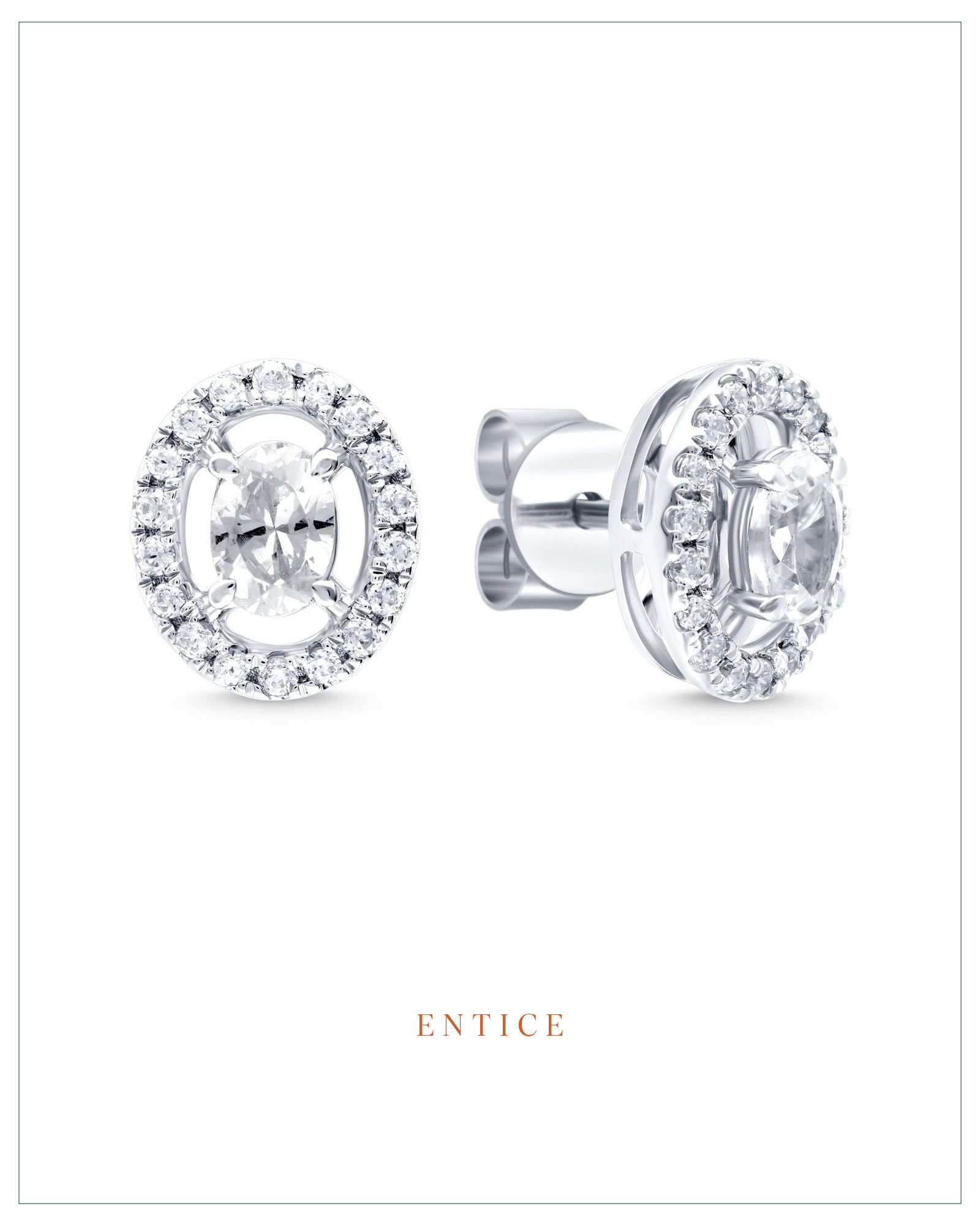 Entice oval solitaire diamond earrings with a delicate diamond halo