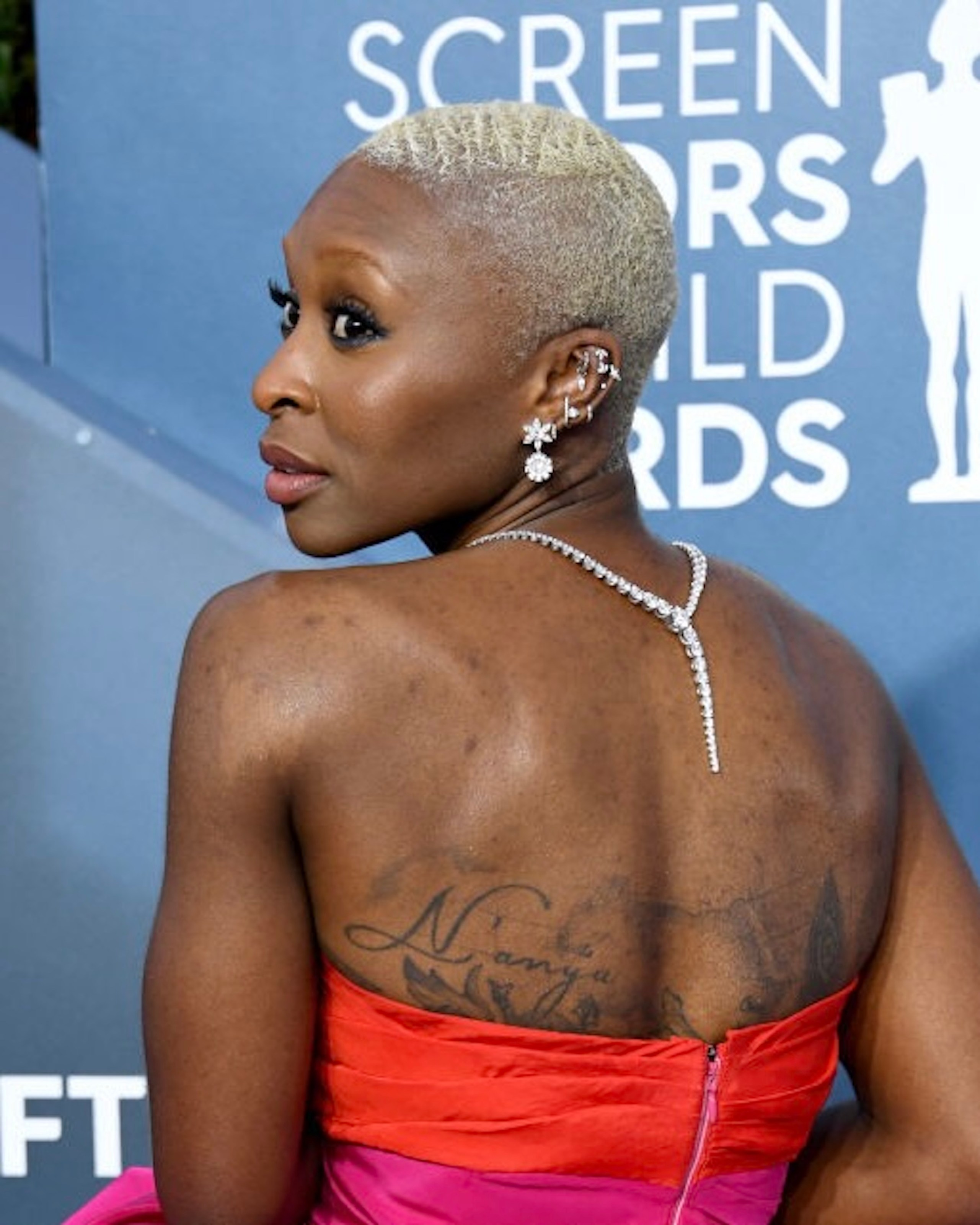 Snake Jewelry: Cynthia Erivo wears a backwards natural diamond snake necklace at the 2020 SAG Awards.