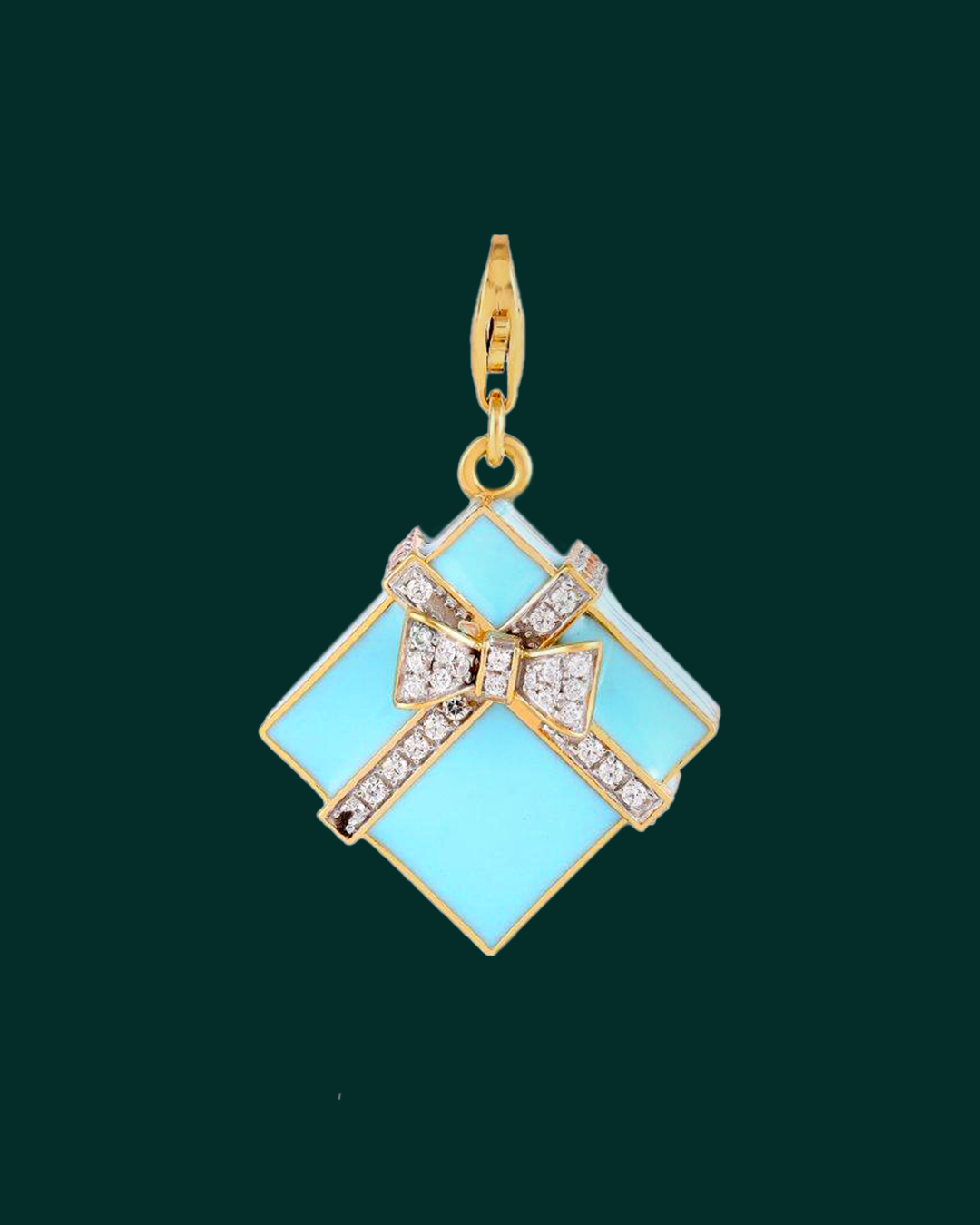 Yellow gold 'Surprise Gift Box' charm with diamonds and turquoise enamel by Enesse