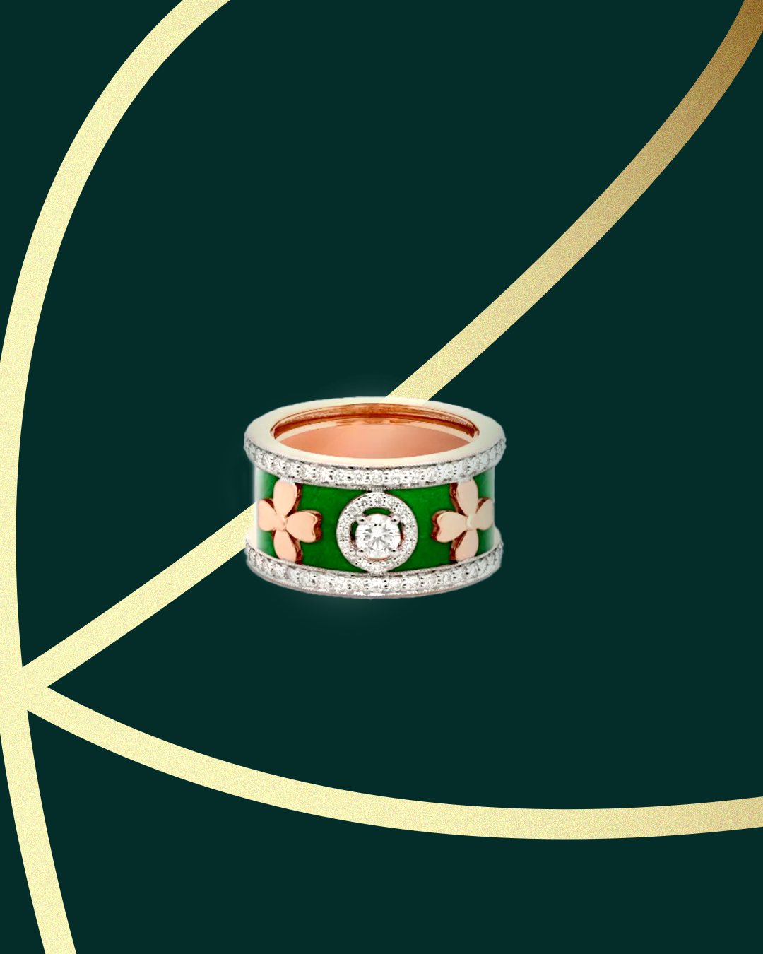 Rose gold four-leaf clover ring with green enamel and diamonds by Rose