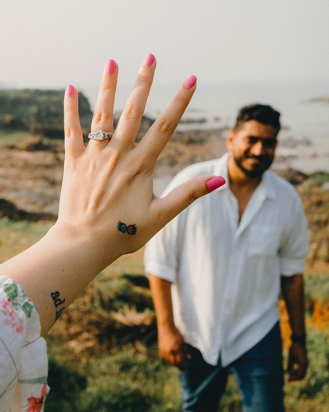 Harsh Shah proposing with a vintage princess cut natural diamond ring.