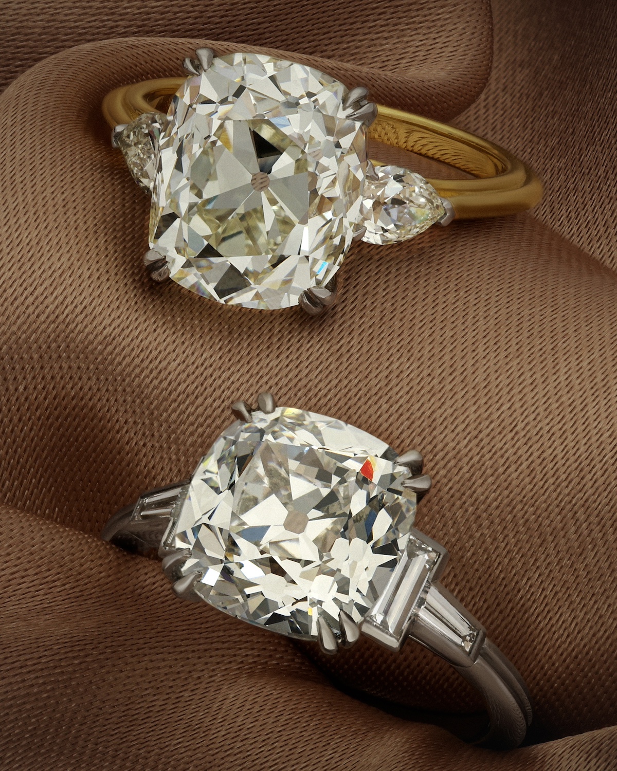 Old mine cushion cut diamond rings at Hancocks London. (Courtesy of Hancocks London)