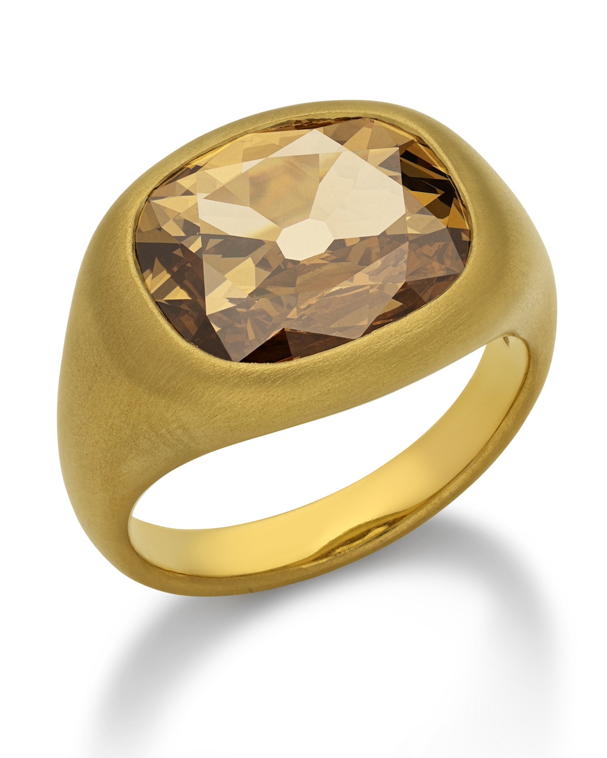 6.51-carat old mine cushion cut fancy colored diamond gypsy set ring in 22-karat gold. (Courtesy of Hancocks London)