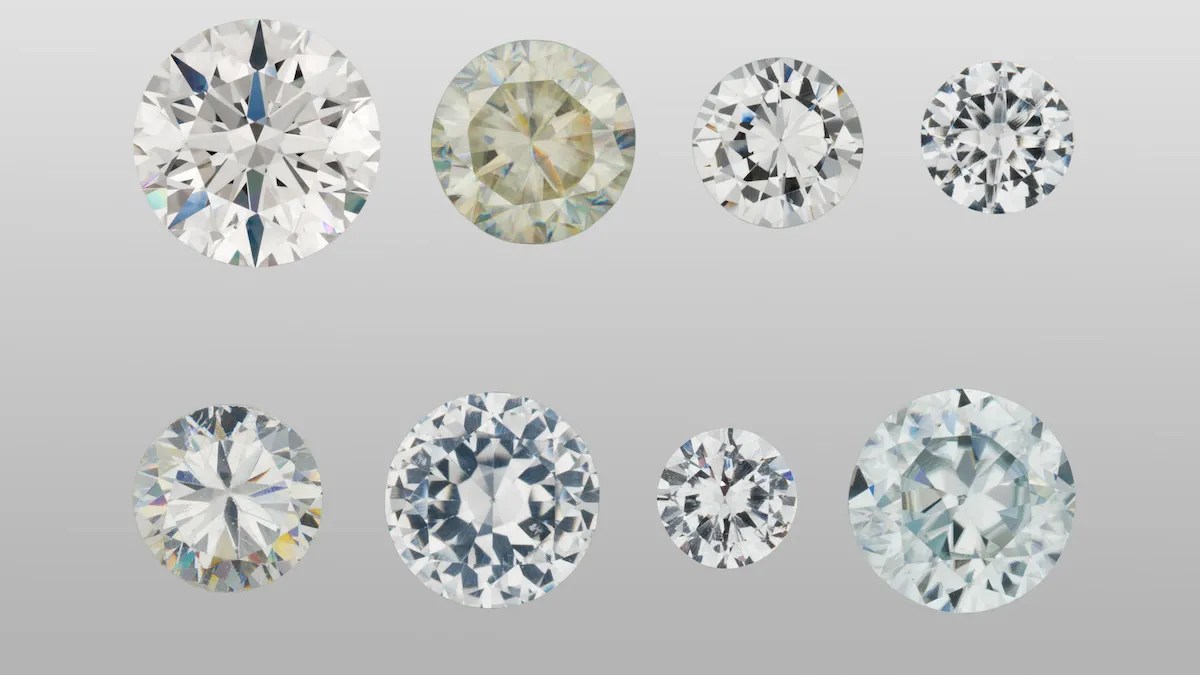 Image courtesy of GIA. Natural diamond left and diamond simulants inner left to right synthetic rutile GGG synthetic spinel strontium titanate synthetic